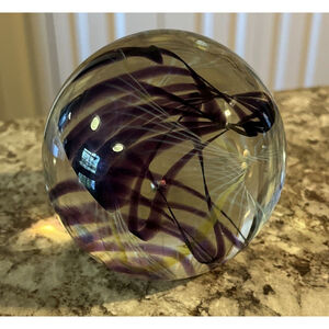 Vintage Karg Signed Art Glass Paperweight Purple And White Ribbon Swirl‎